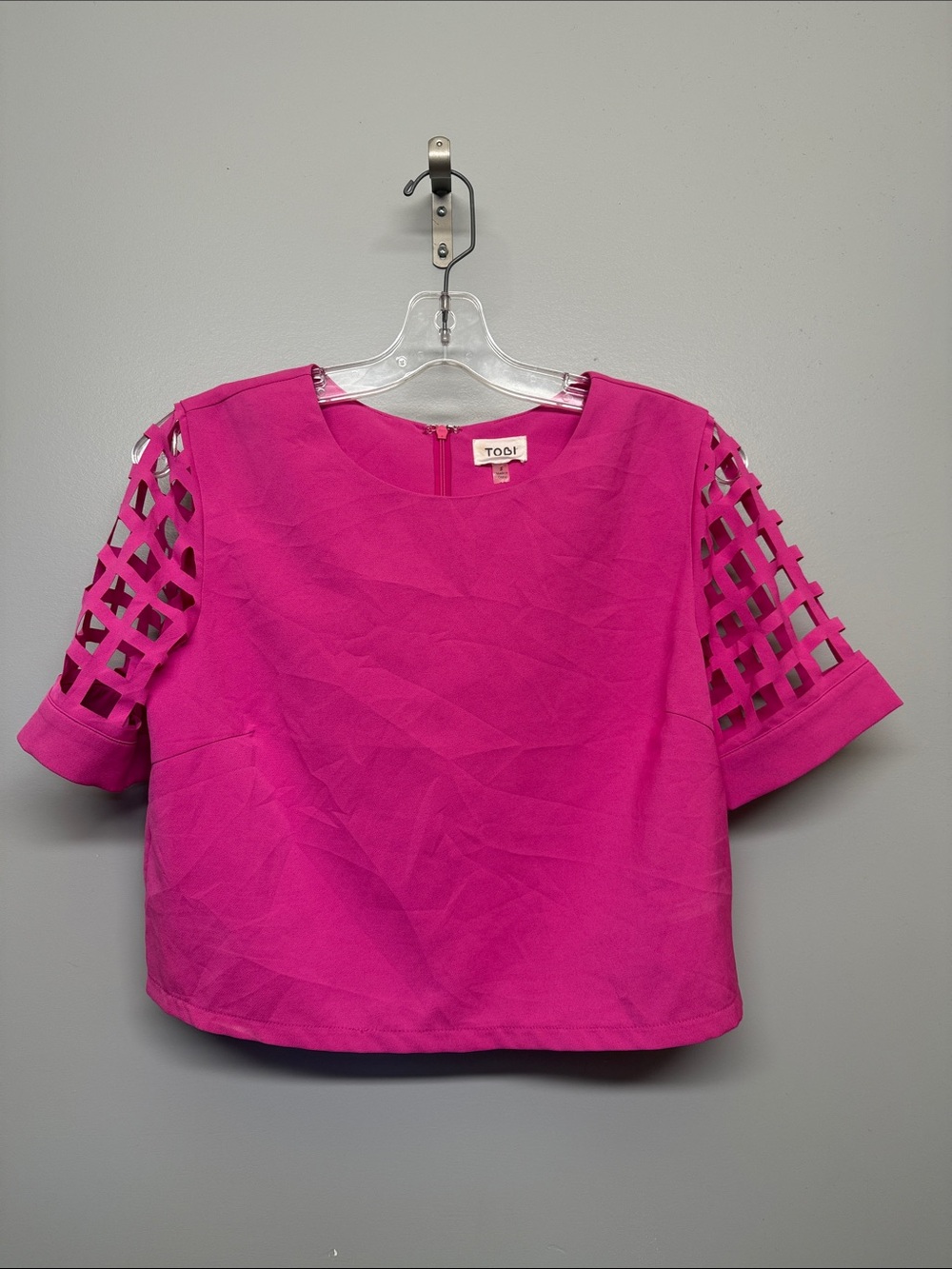 Tobi Hot Pink Lattice Sleeve Blouse Crop Top